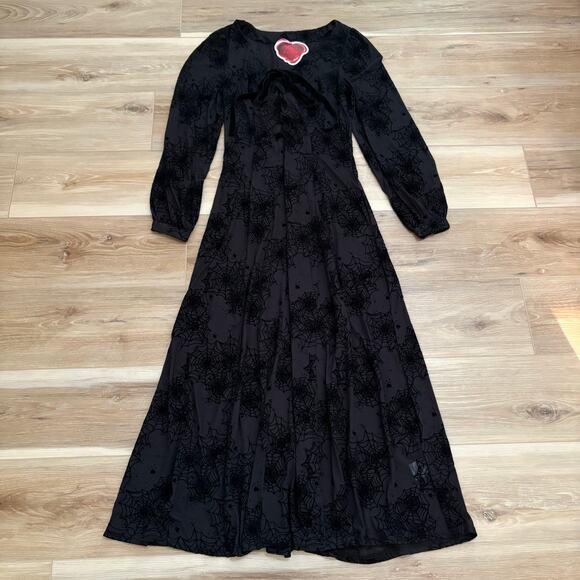Wax Poetic Clothing Black Penny Sheer Maxi Dress Flocked Spiderwebs S - Picture 1 of 8